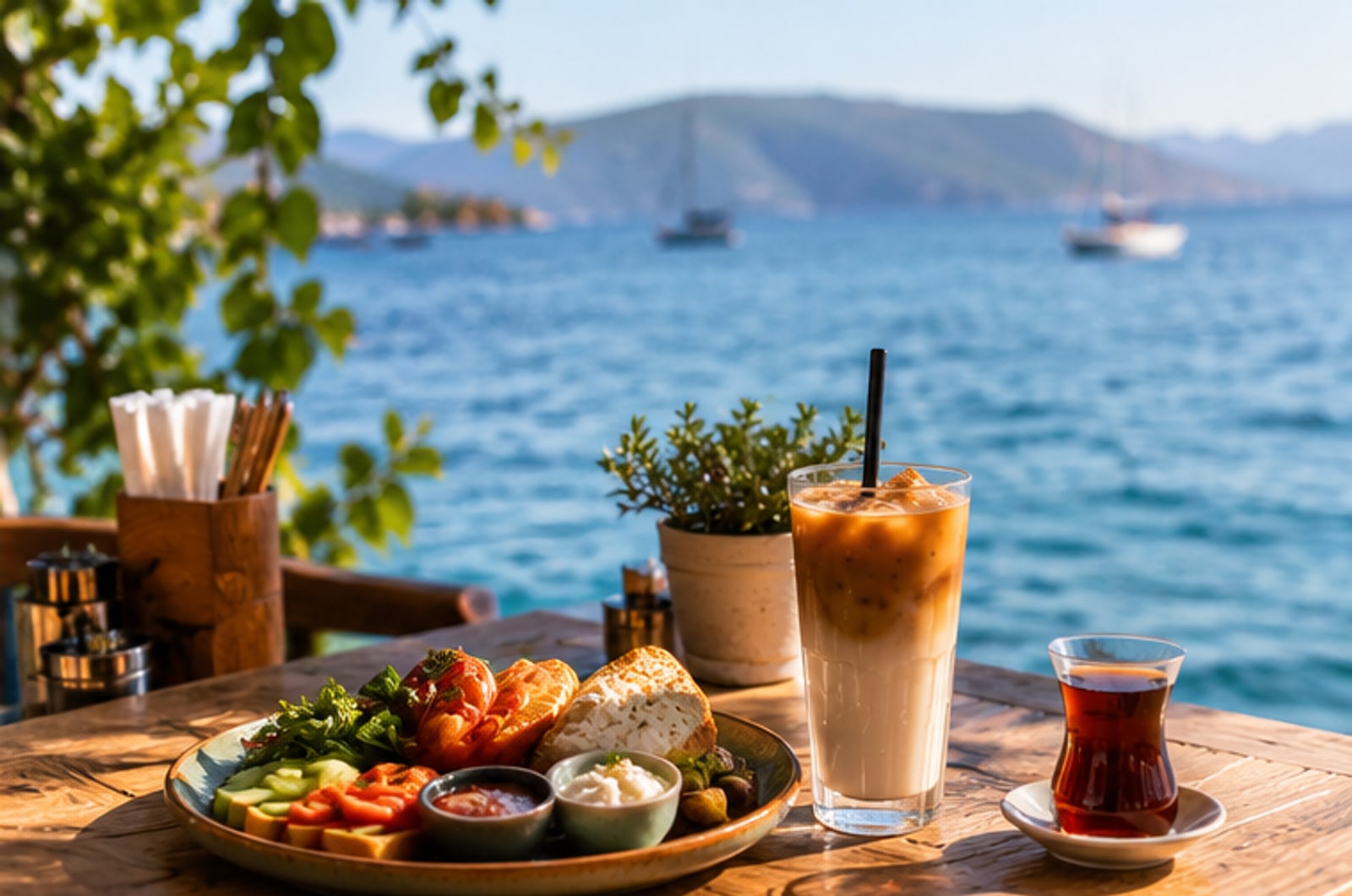 Deniz kenarında kahvaltı tabağı, soğuk kahve ve çay