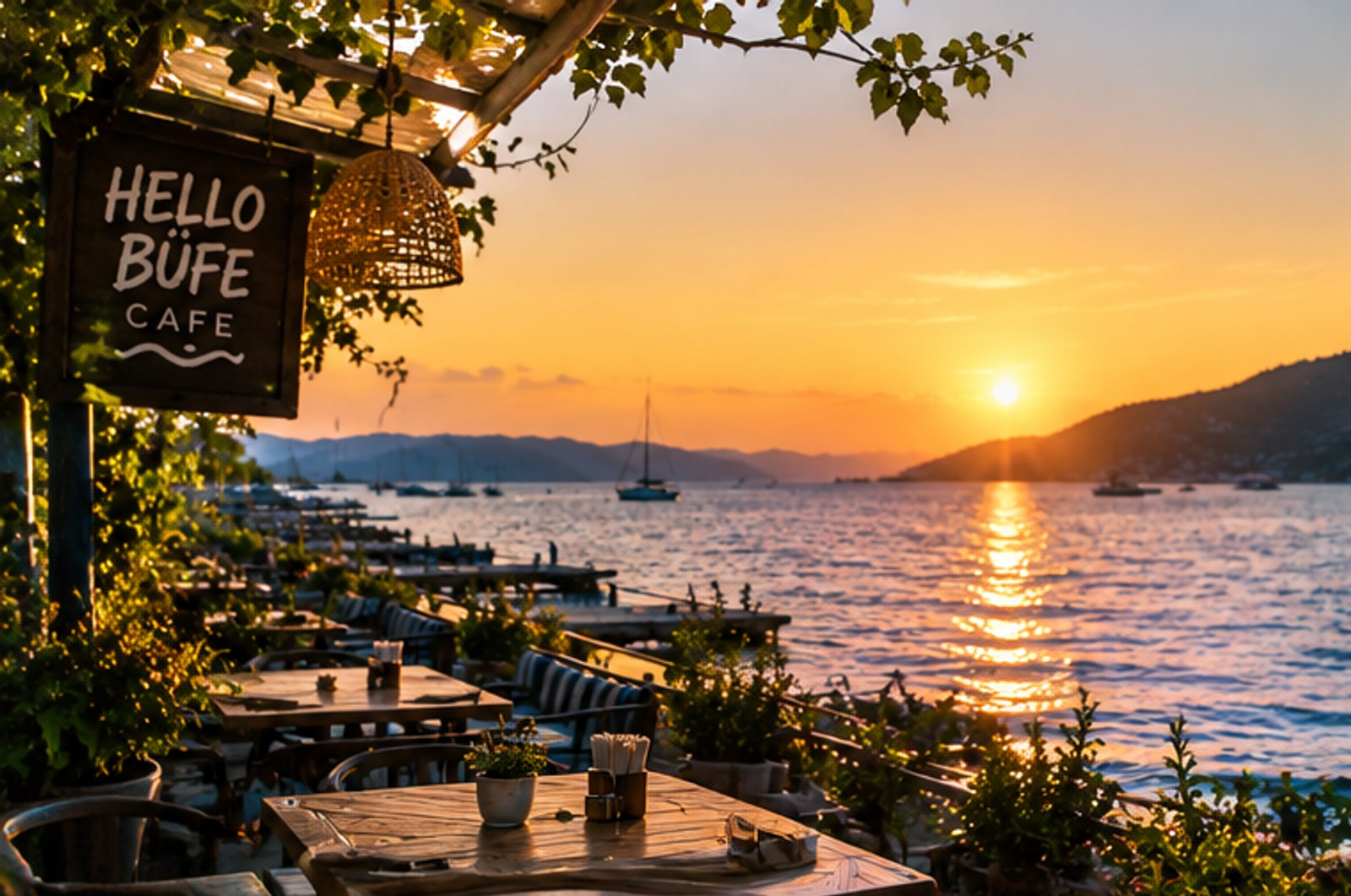 Gün batımında deniz kenarındaki masalar ve Hello Büfe tabelası